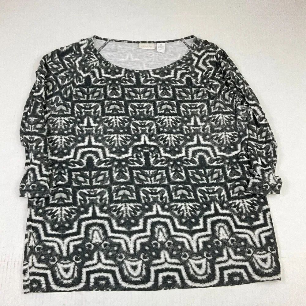 Chicos Mod Minimalist Knit Top 3/4 Sleeve Boho Casual Chic Stretch Shirt 2 LARGE